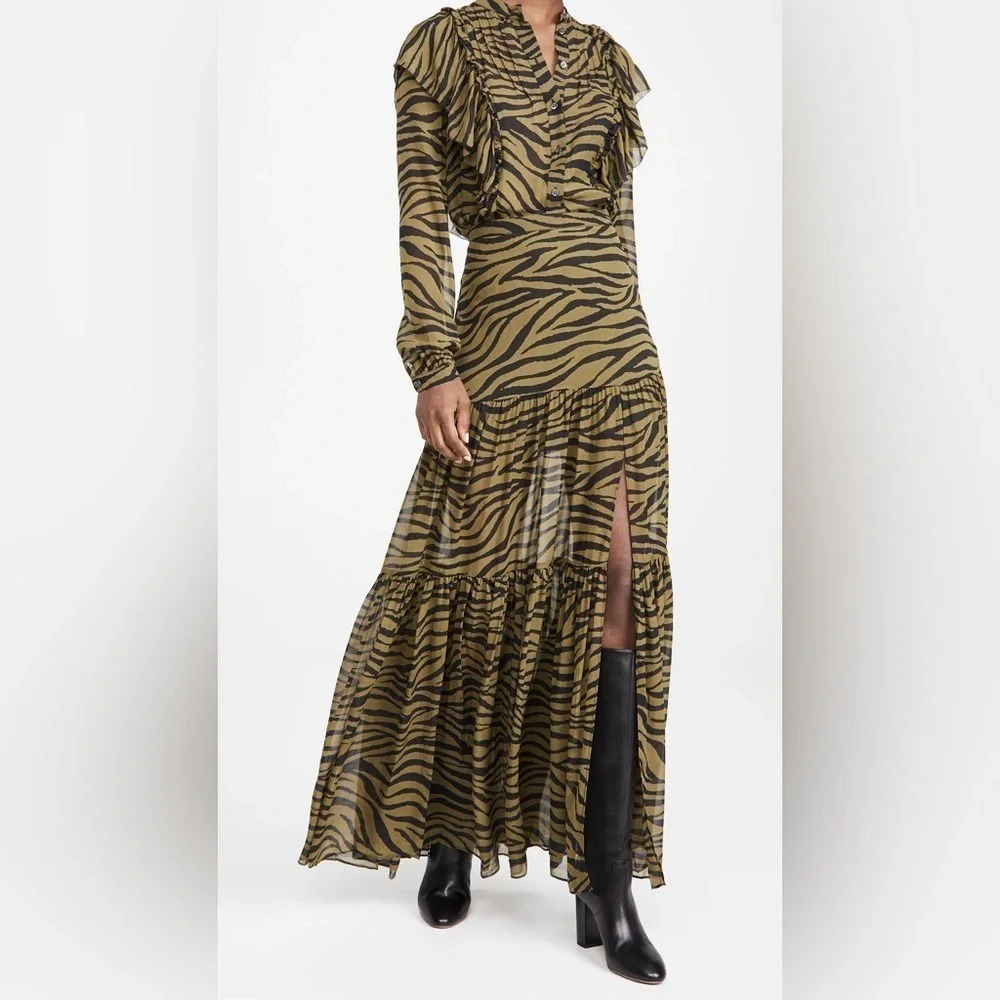 Veronica Beard Olive Green Serence Zebra Silk Maxi Thigh High Slit Skirt - Picture 10 of 12